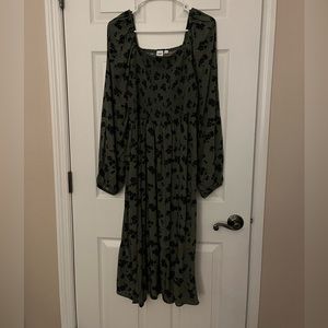 Gap smocked dress, size large, olive green and black print